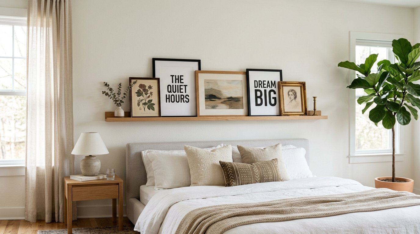 A bedroom headboard with a wooden shelf above displaying framed quotes, landscape art, and a small plant.