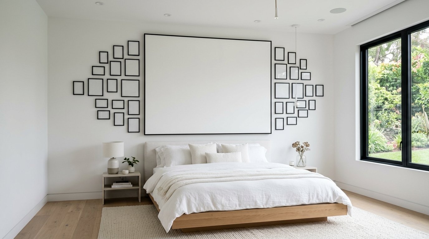 Large empty picture frame flanked by small black frames above a white bed in a bright modern bedroom.