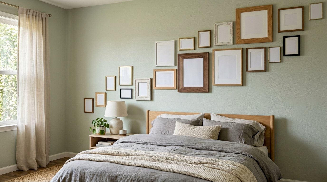 Empty picture frames arranged in a cluster on a sage green wall above a bed with grey linen bedding.