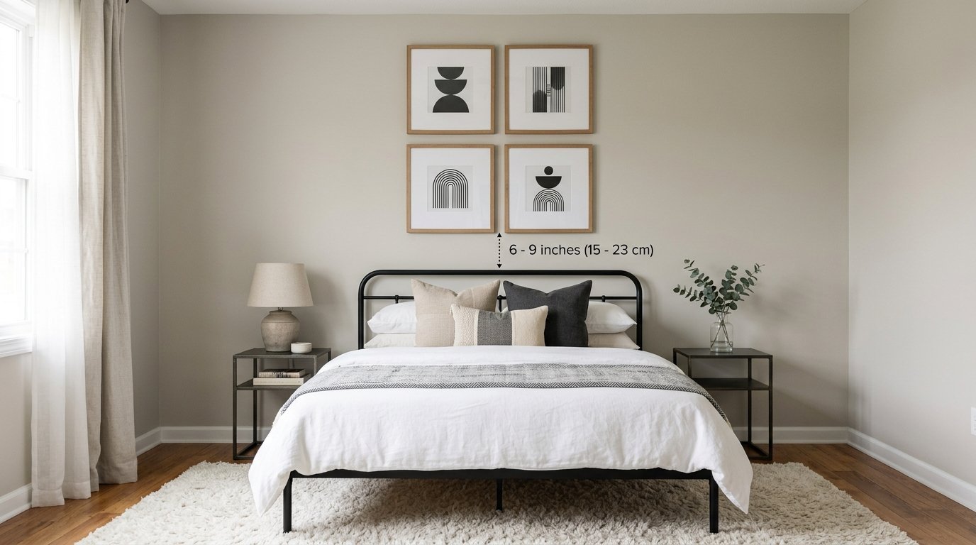 Four geometric framed art prints hanging centered above a modern black metal bed frame with proper clearance spacing.