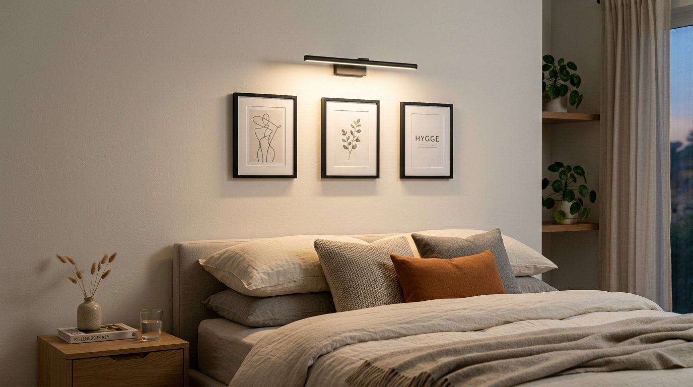 Three framed wall art pieces illuminated by a long horizontal LED light fixture above a bed with earth-toned pillows.