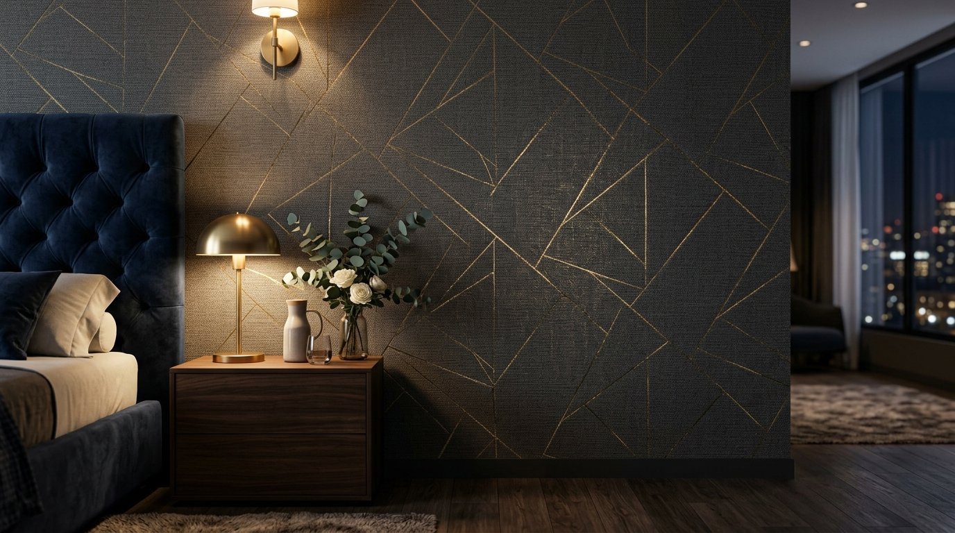 Close up of a wooden nightstand with a lamp and floral vase against a dark wall with gold geometric lines.