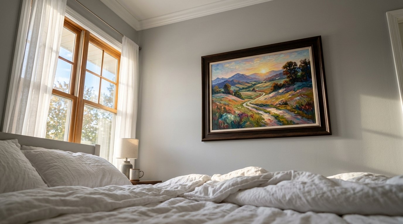 Colorful sunrise valley artwork in a dark wood frame displayed on a bedroom wall above unmade white bedding.