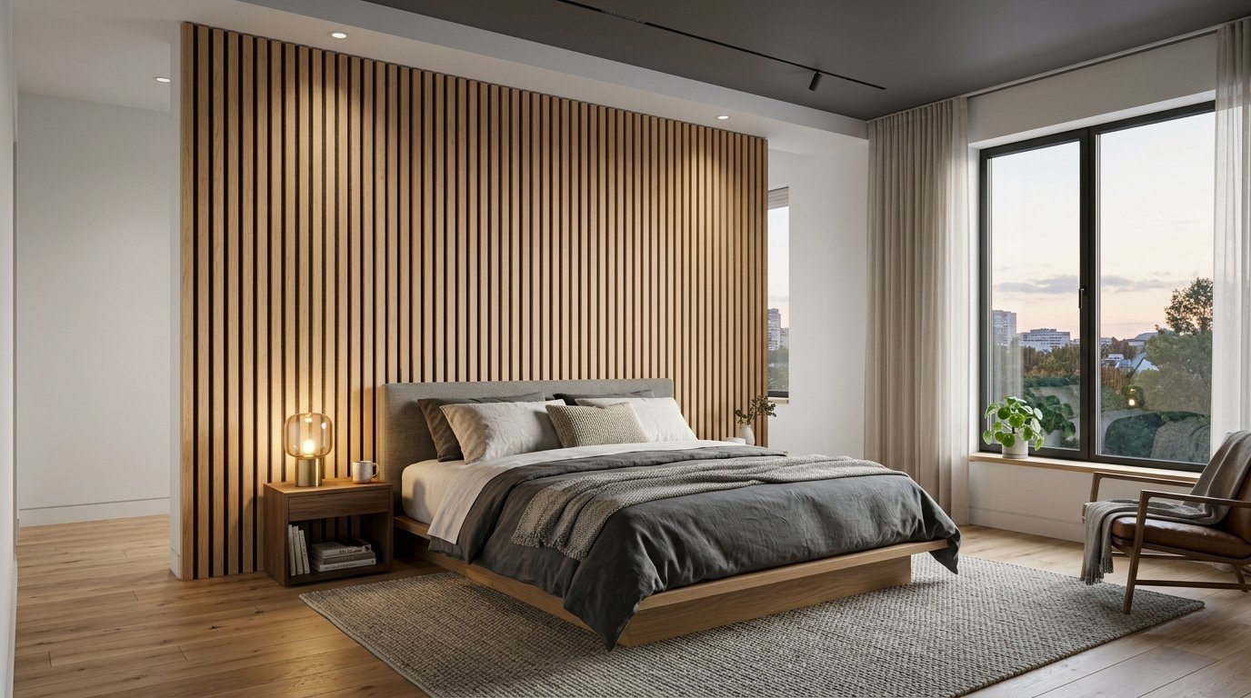 A bedroom with a wooden slat feature wall behind a grey platform bed, wood flooring, and a large window.