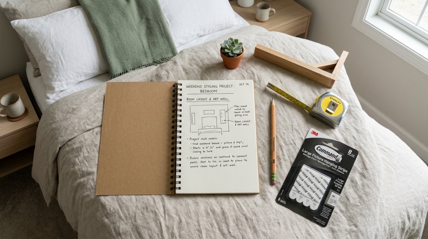 An open notebook with room layout sketches, a measuring tape, pencil, and Command strips on a textured bed cover.