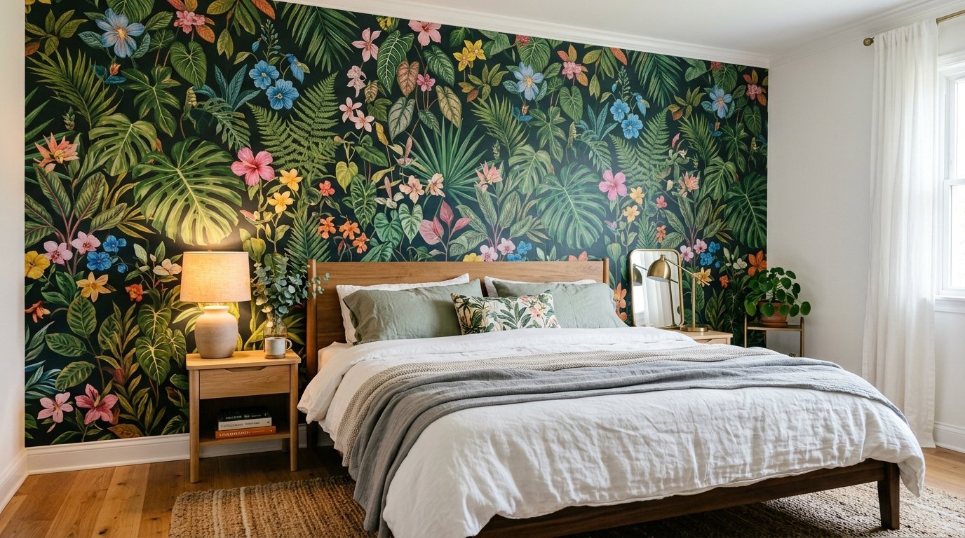 A modern bedroom with a vibrant tropical plant wallpaper, a wooden bed frame, and soft neutral bedding.
