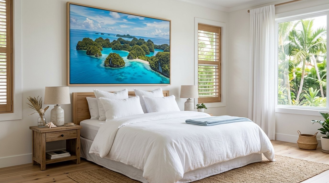 Bright white bedroom with wooden furniture and a large framed photo of limestone islands in turquoise water.