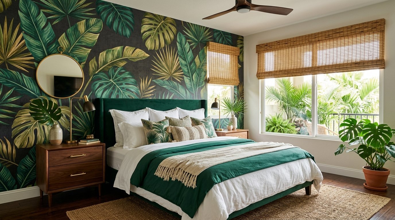 A bedroom with dark jungle-print wallpaper, a green velvet bed frame, and woven bamboo window blinds.