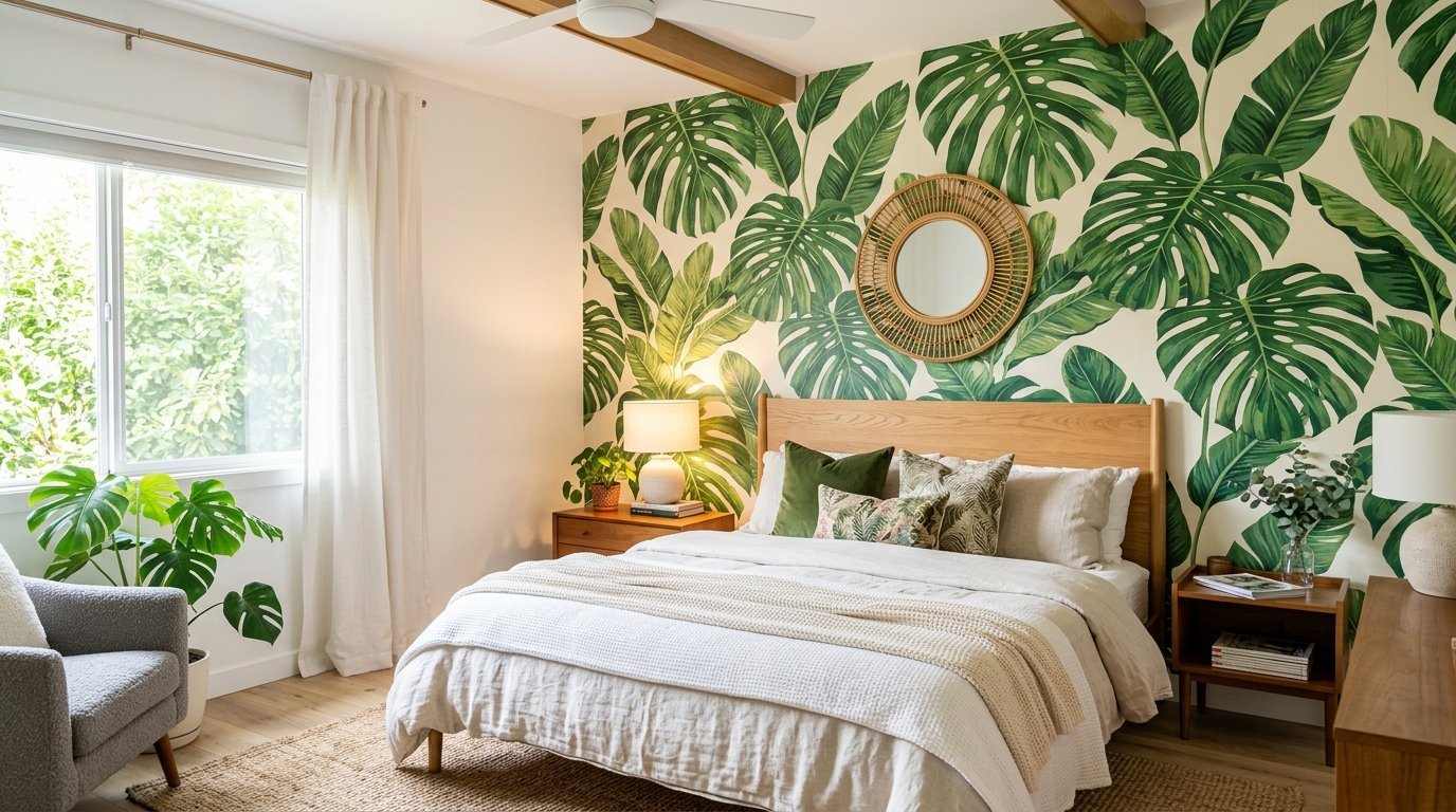 Bedroom with a tropical monstera leaf accent wall, wooden bed frame, and rattan mirror.