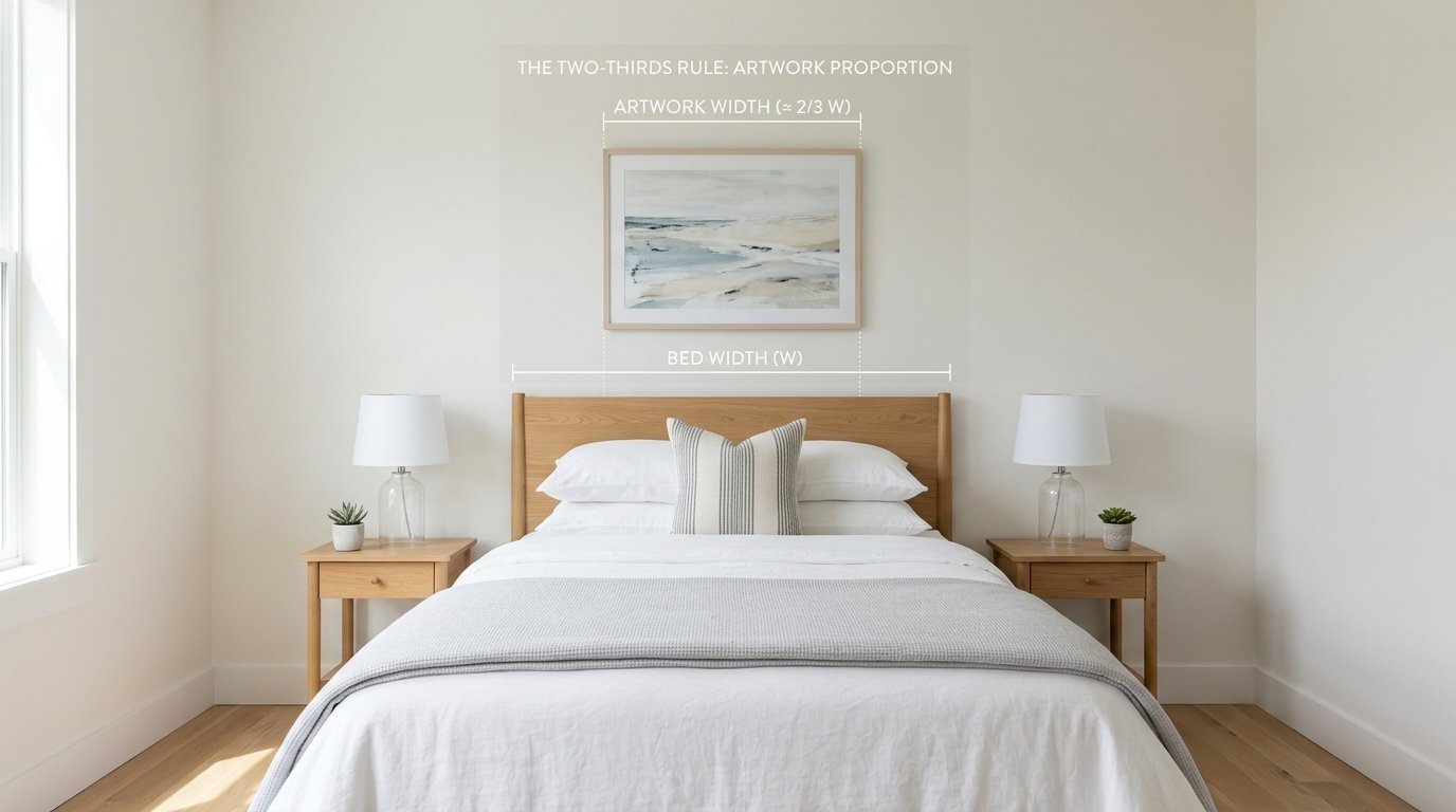 An instructional graphic showing how to size artwork above a wooden headboard using the two-thirds proportion rule.