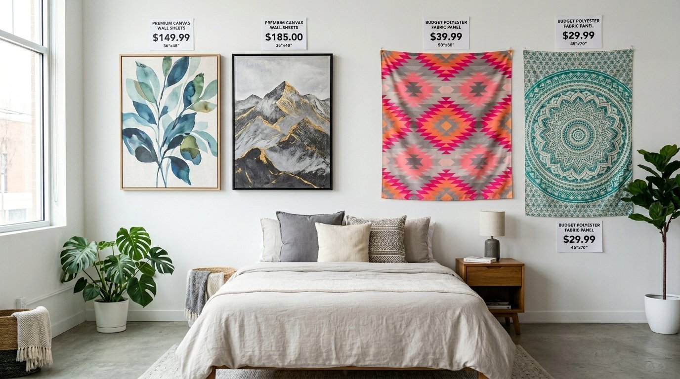 A bedroom wall showcasing two framed art canvases and two patterned fabric wall hangings with price tags.