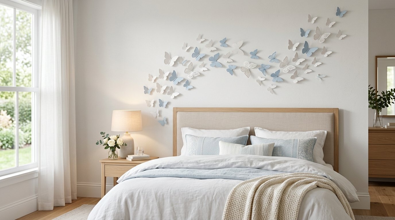 3D paper butterfly art installed in a swooping wave pattern above a neutral upholstered headboard.