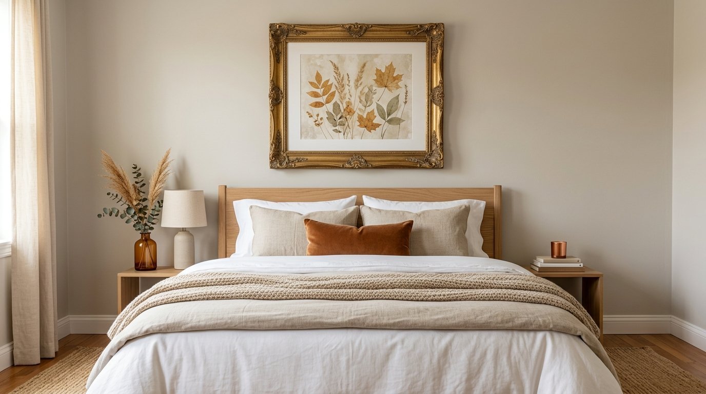 A bedroom with an oak headboard, tan bedding, and a framed painting of autumn leaves above the bed.