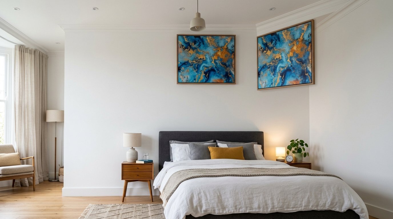 A bedroom with a charcoal bed, wooden nightstands, and two large square blue and gold marbled paintings.