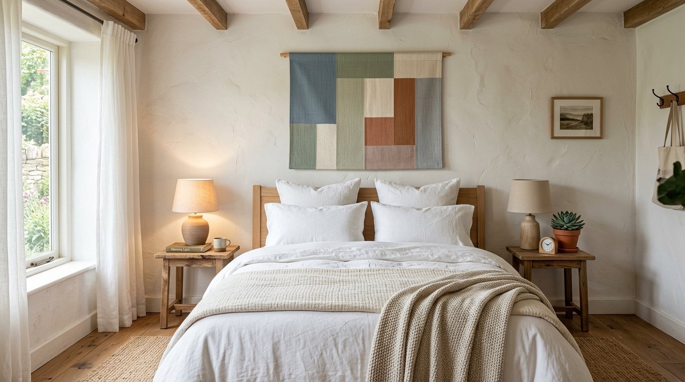 Bright cozy bedroom with white linens, wooden nightstands, and a multicolored rectangular wall hanging.