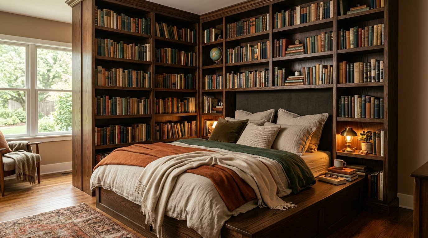 A platform bed framed by tall dark wood bookshelves filled with books in a bright room with a view of greenery.