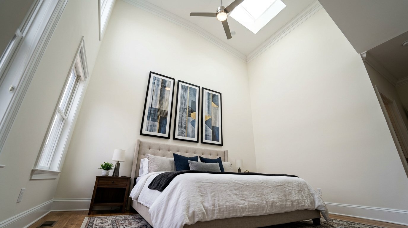 A low angle view of a bedroom with a tufted headboard, three framed abstract prints, and a bright skylight above.
