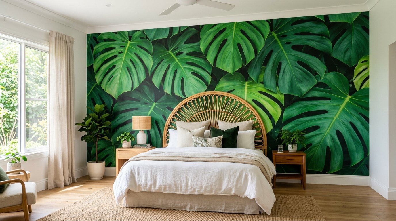 A bedroom with a large rattan headboard against a wall covered in bright green oversized monstera leaf print mural.