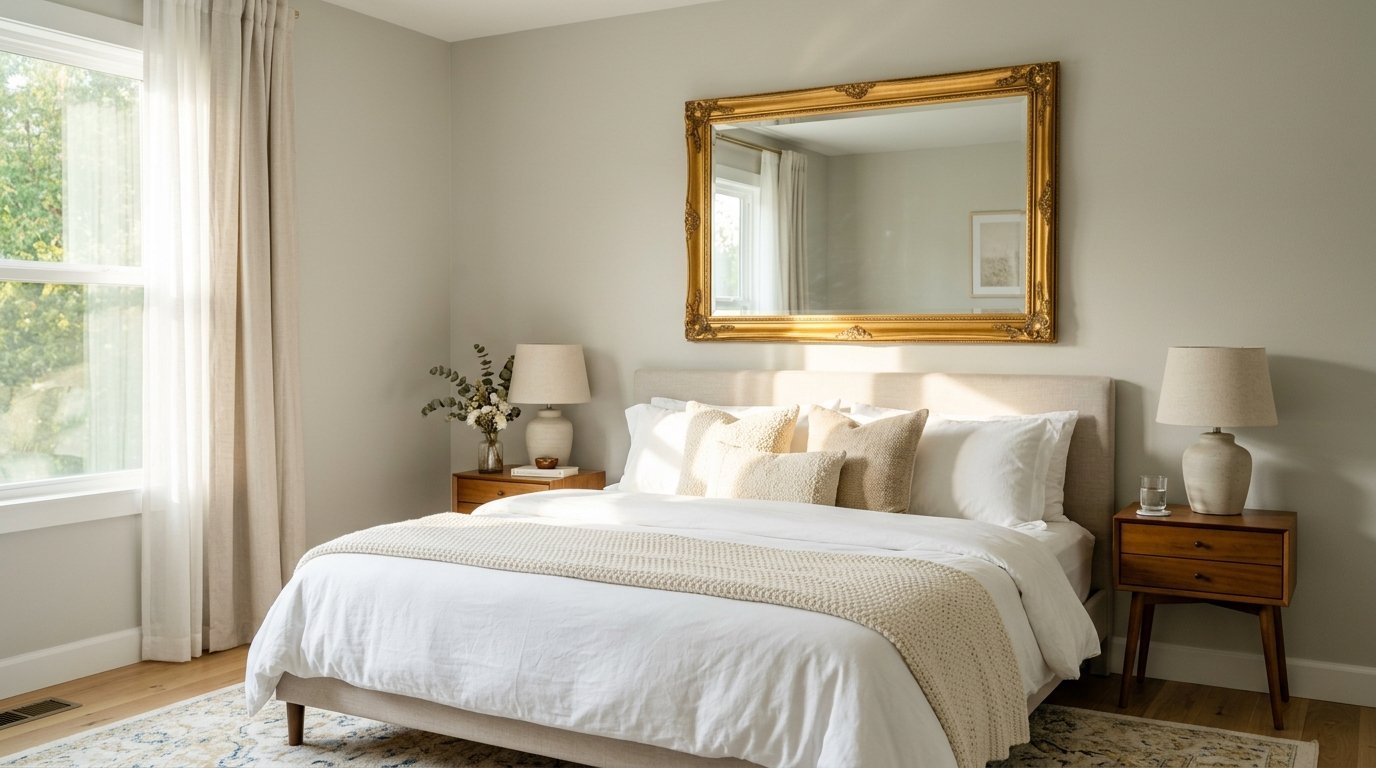 Bright, neutral-toned master bedroom with an upholstered headboard and antique gold wall mirror.