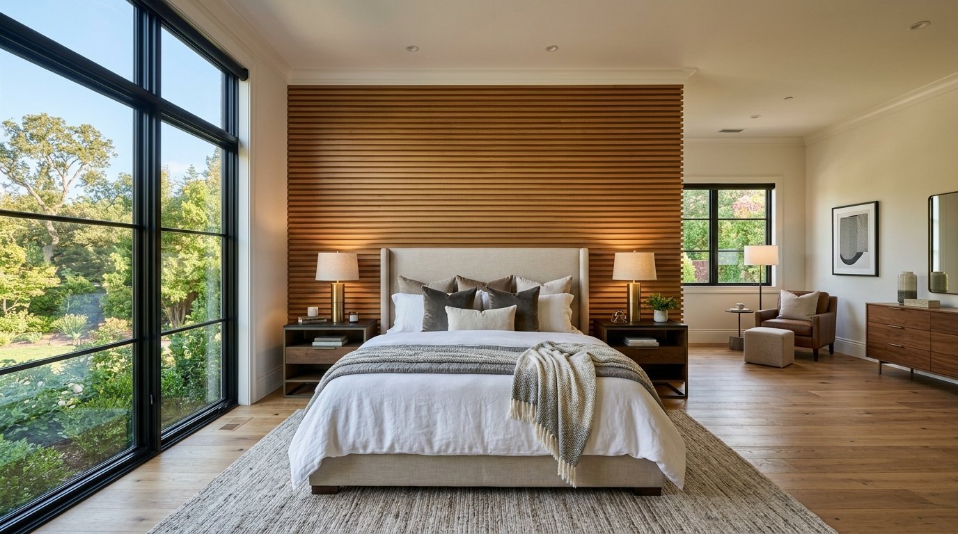 Spacious bedroom with a beige upholstered bed, wood slat wall, and large windows overlooking a lush green backyard.