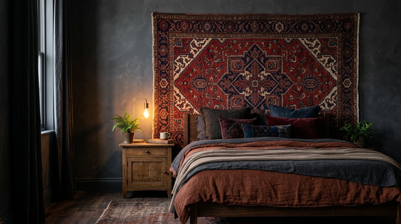 A dark bedroom with an ornate traditional rug hanging on the charcoal wall above a rustic wooden bed.