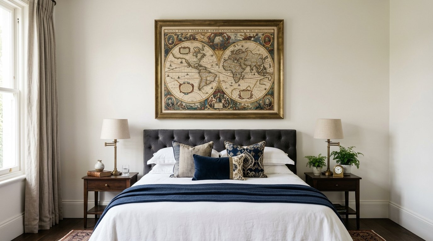 A master bedroom with a tufted dark grey headboard and framed vintage world map above the bed.
