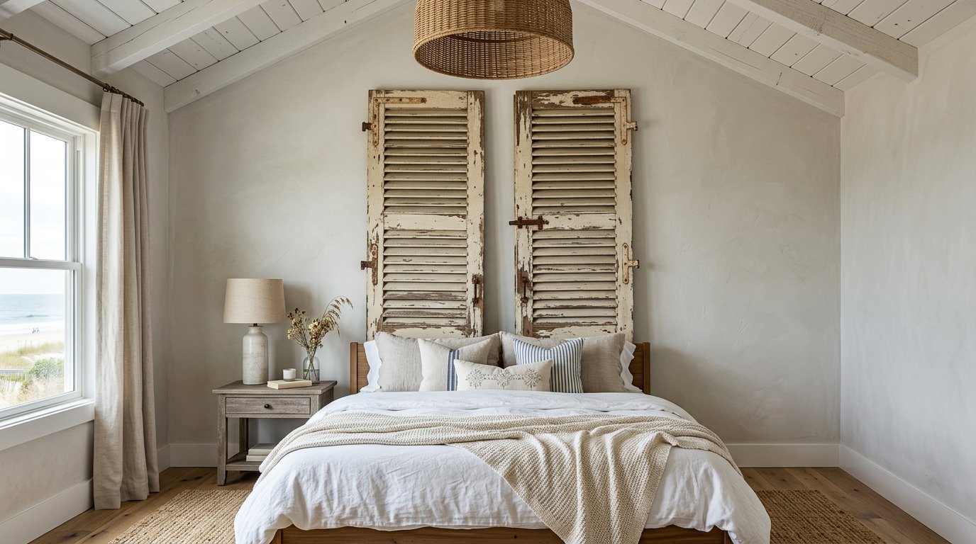 A serene bedroom with a bed centered beneath two tall, distressed white wooden shutters mounted on the wall.