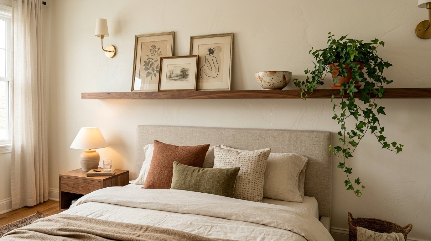 A beige headboard topped by a wooden shelf holding framed art, a ceramic bowl, and a trailing green ivy plant.