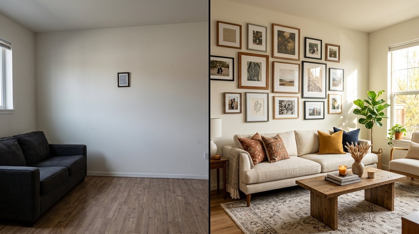 Comparison photo of a plain living room with a dark sofa and a styled space featuring a gallery wall and beige couch.