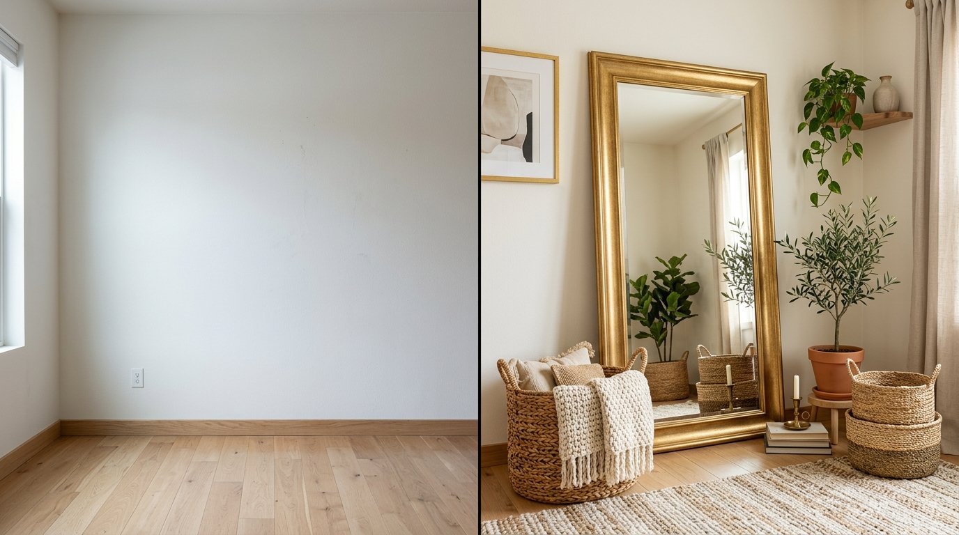 Before and after comparison showing an empty wall transformed into a cozy living space with a large gold mirror.