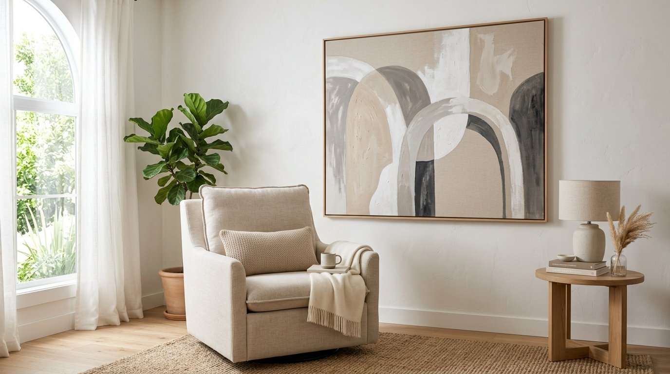Neutral living room corner featuring a swivel chair, large arched painting, potted plant, and a side table.