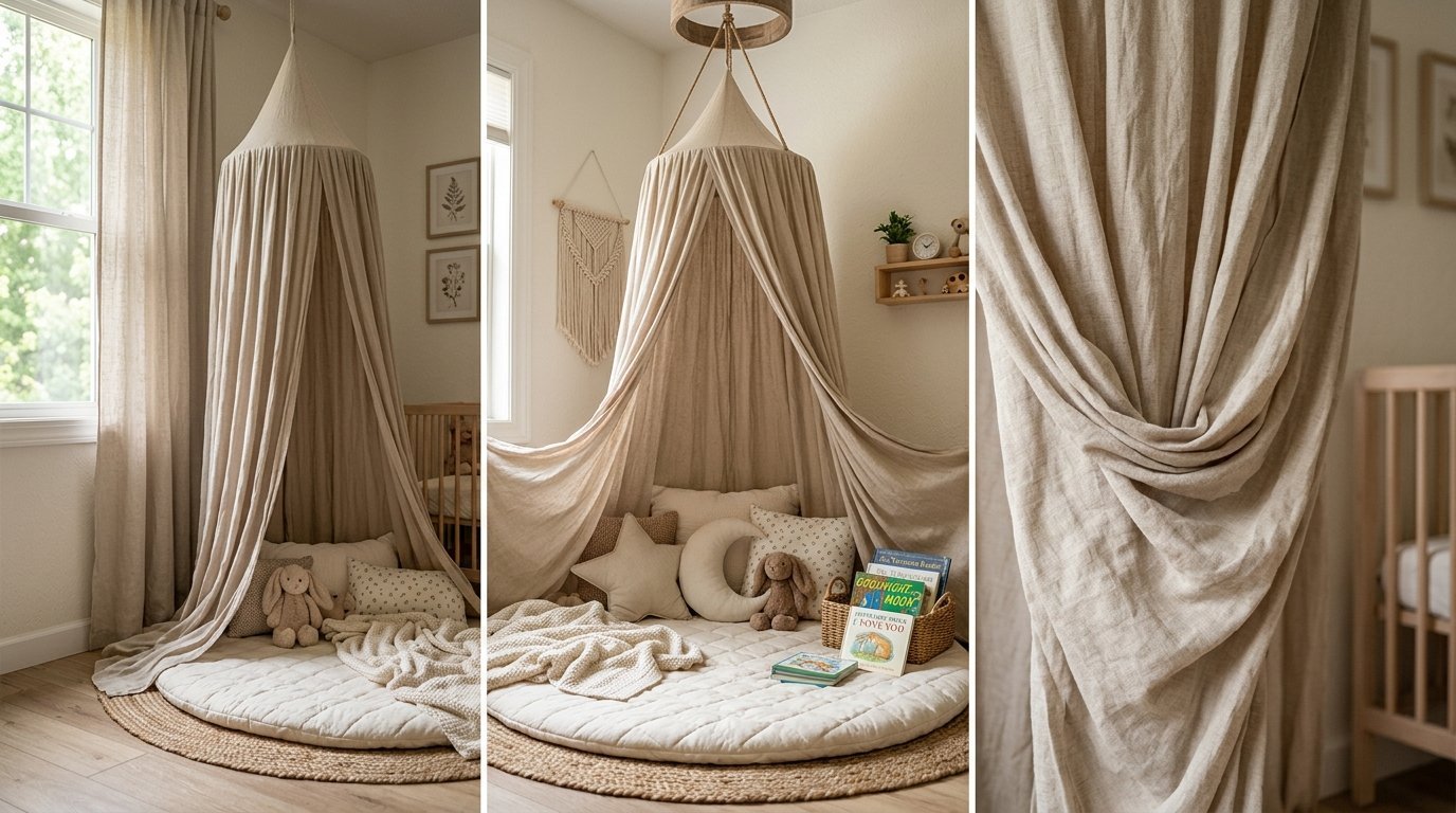 A beige linen canopy creates a cozy floor play nook with stuffed animals and children's books.
