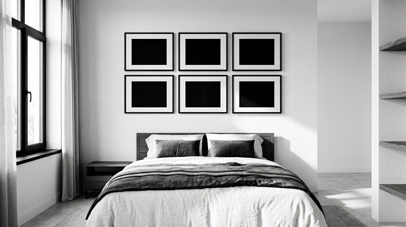 A modern bedroom interior with a six-frame art display hanging above a double bed with dark grey bedding.