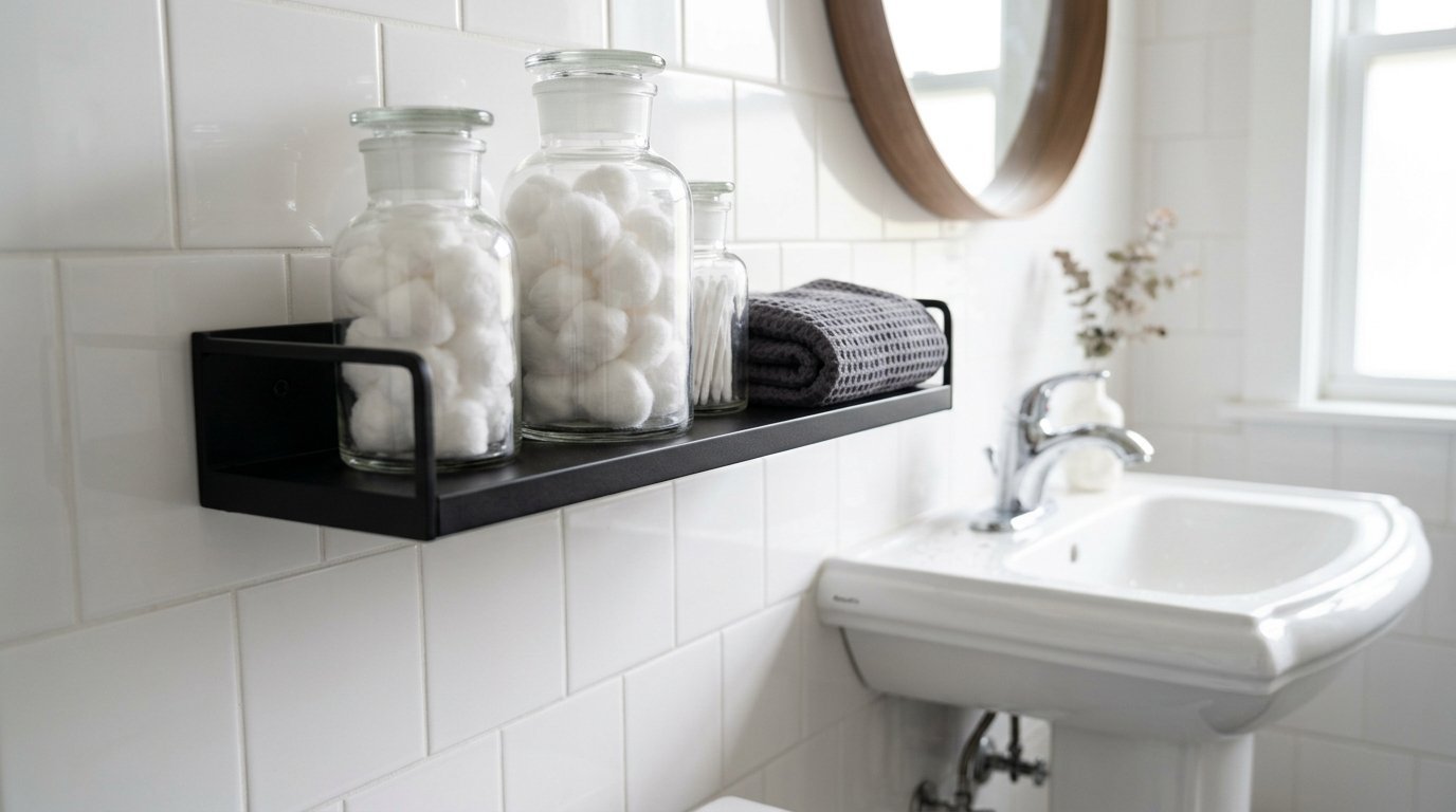 Floating black shelf with cotton balls, swabs, and a folded towel above a white pedestal bathroom sink.