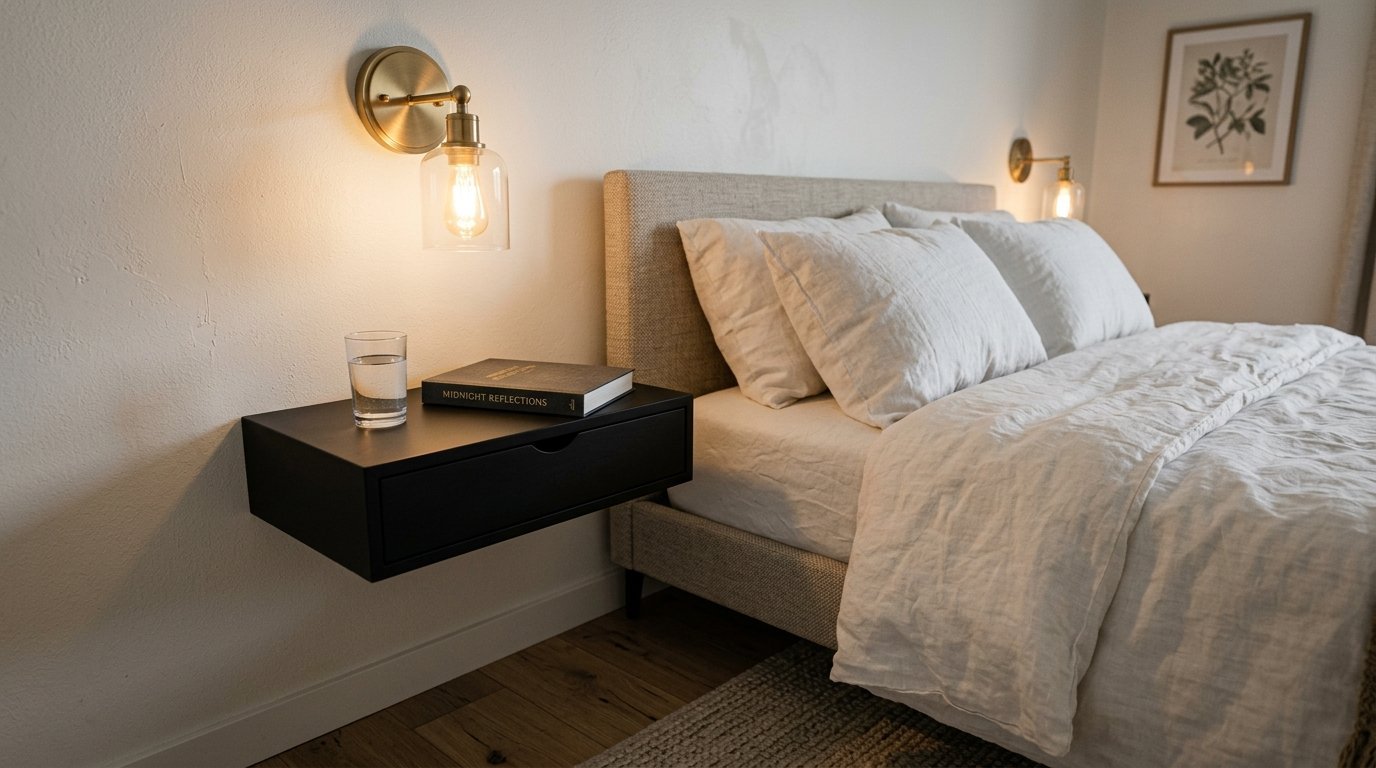 A wall-mounted black drawer features a glass of water and a book next to a bed with linen bedding and brass sconces.