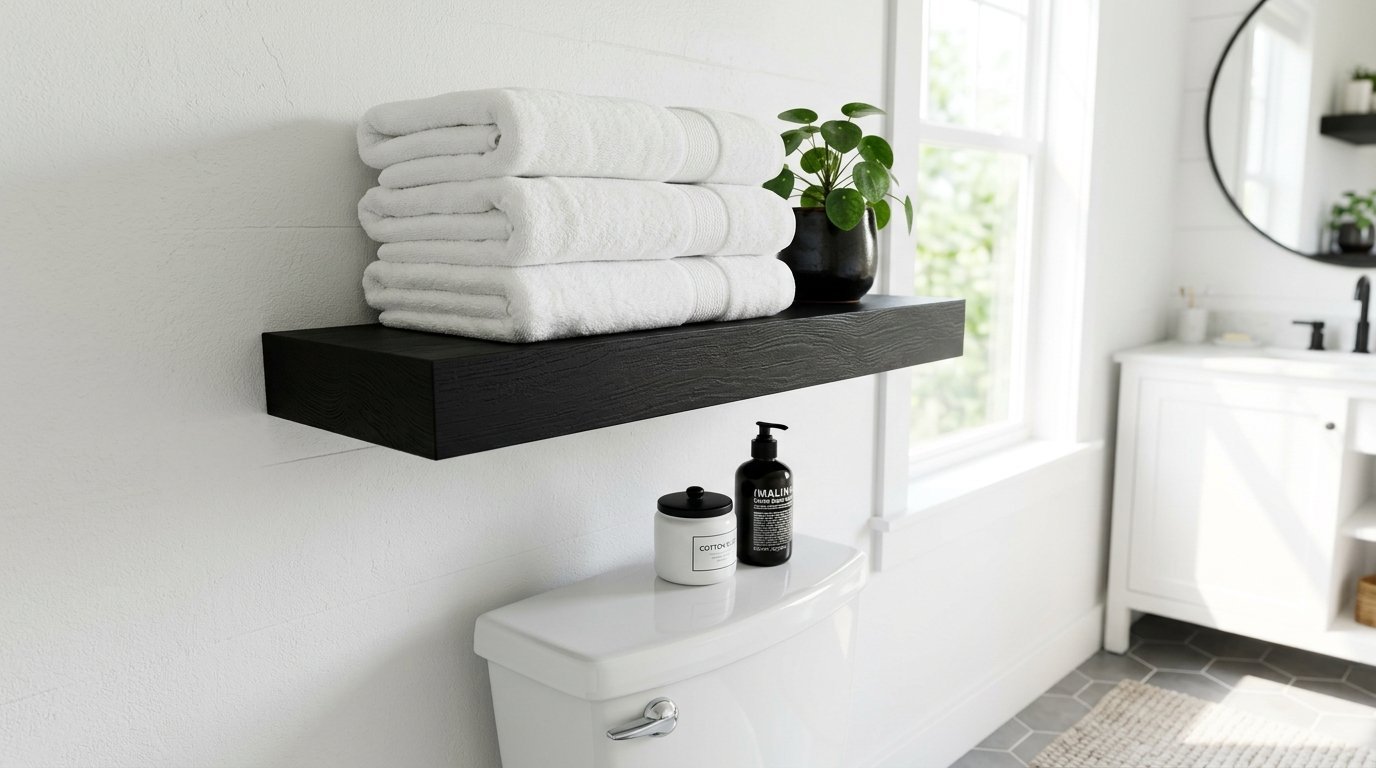 Three folded white bath towels and a small potted plant sitting on a black wooden shelf above a toilet.