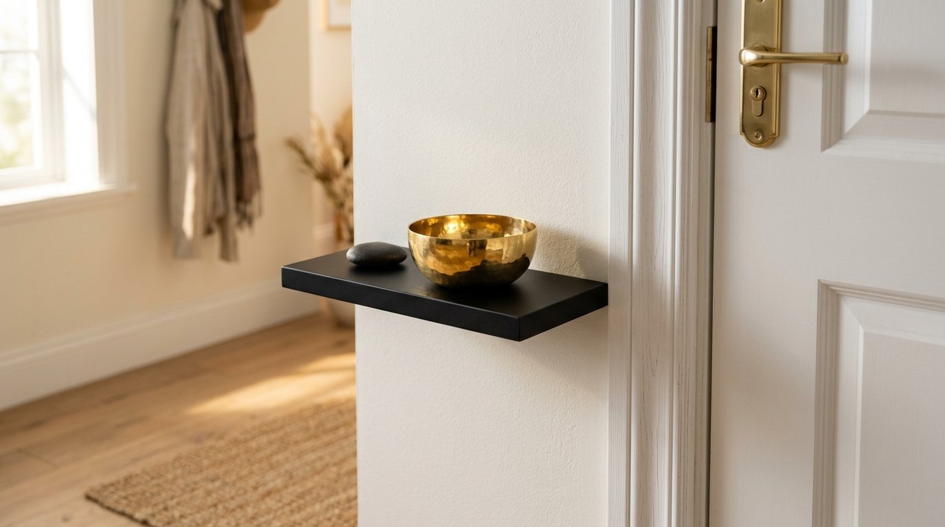 A small black wall shelf features a metallic gold bowl and a dark river stone inside a bright home hallway.