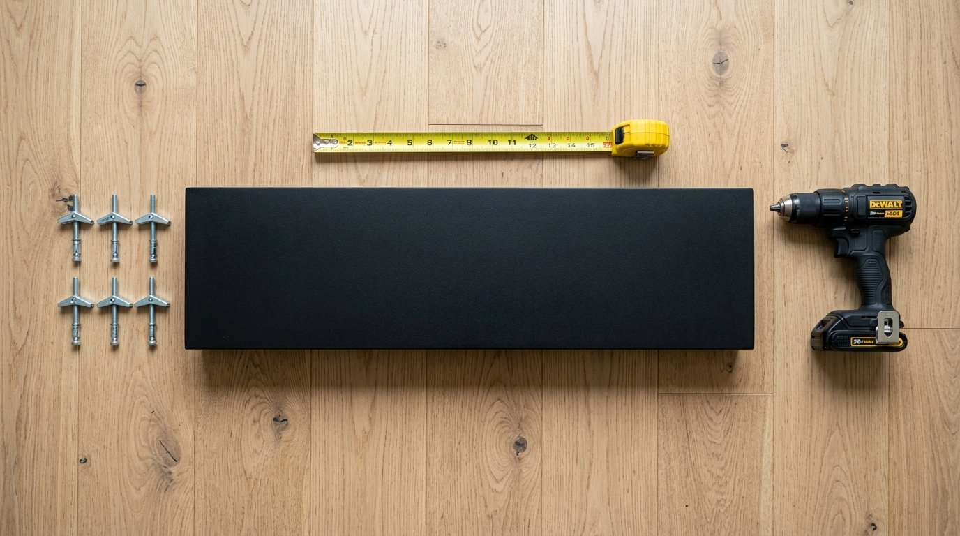 A black shelf, tape measure, cordless drill, and six metal toggle anchors are laid out on a light wood floor.