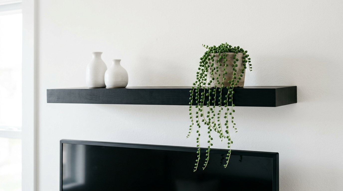 A string of pearls succulent in a textured pot sits on a black shelf beside two small white ceramic vases.