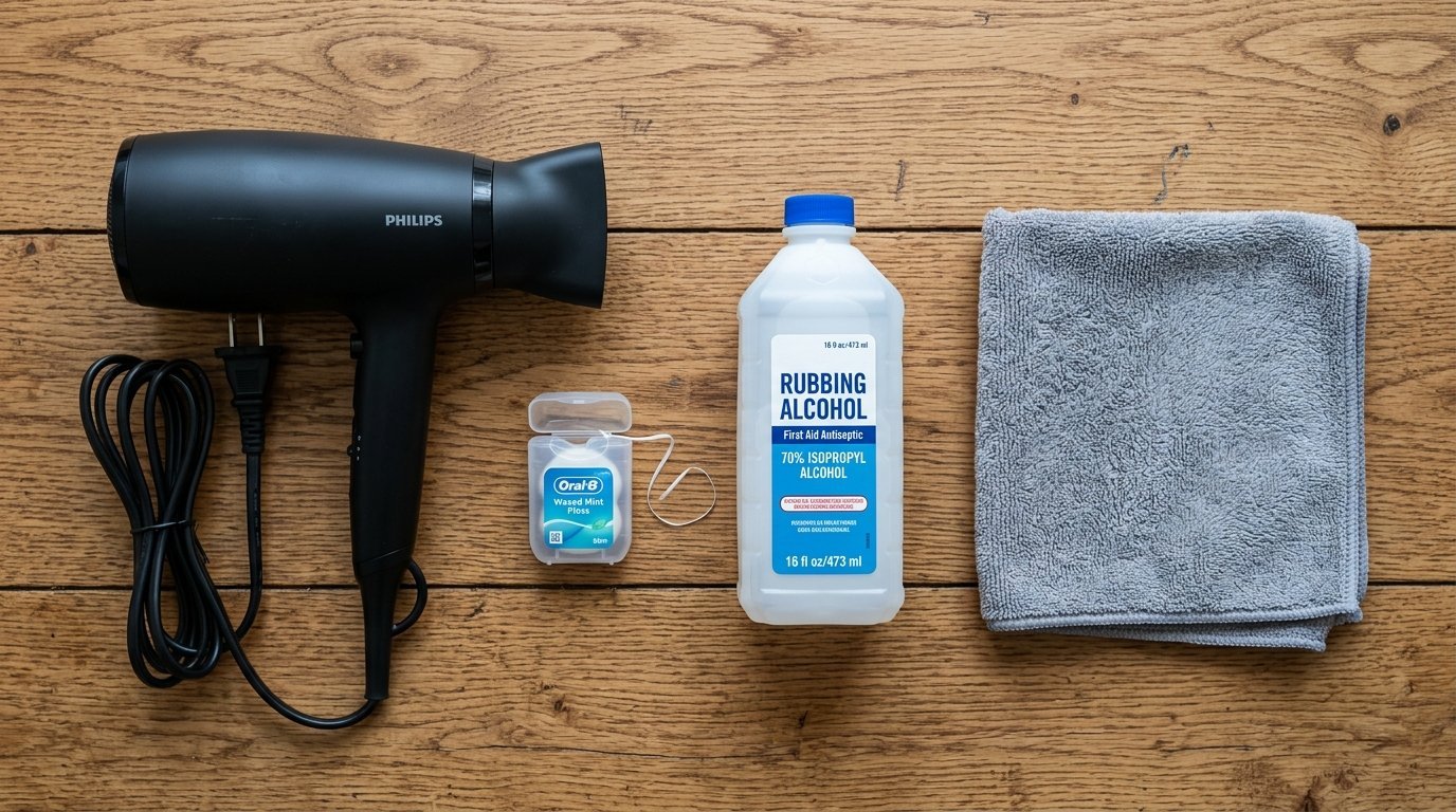 A Philips hair dryer, Oral-B floss, rubbing alcohol, and a grey cloth on a wooden surface.