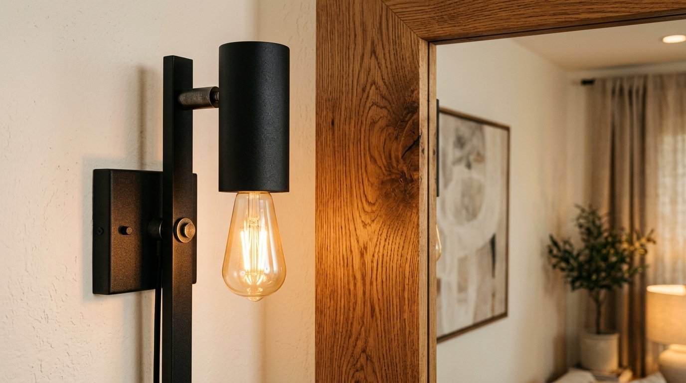 Modern black metal wall light fixture mounted next to a framed wooden mirror in a bedroom.