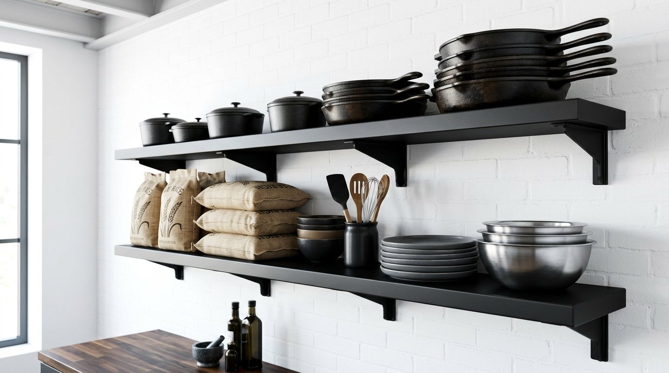 Two black shelves on a white brick wall filled with cast iron pans, sacks of rice, bowls, and cooking utensils.
