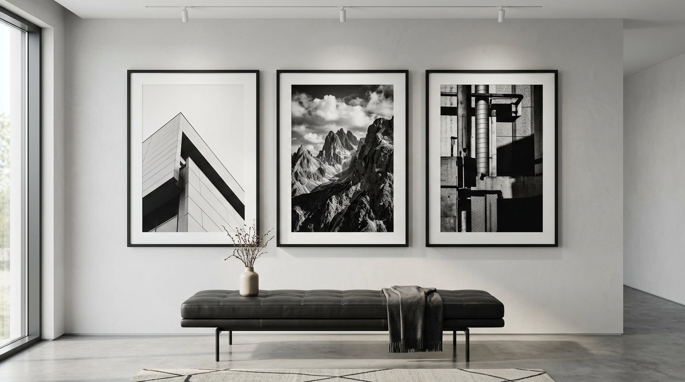 Modern interior wall featuring three black and white landscape and architectural photos hanging above a leather bench.