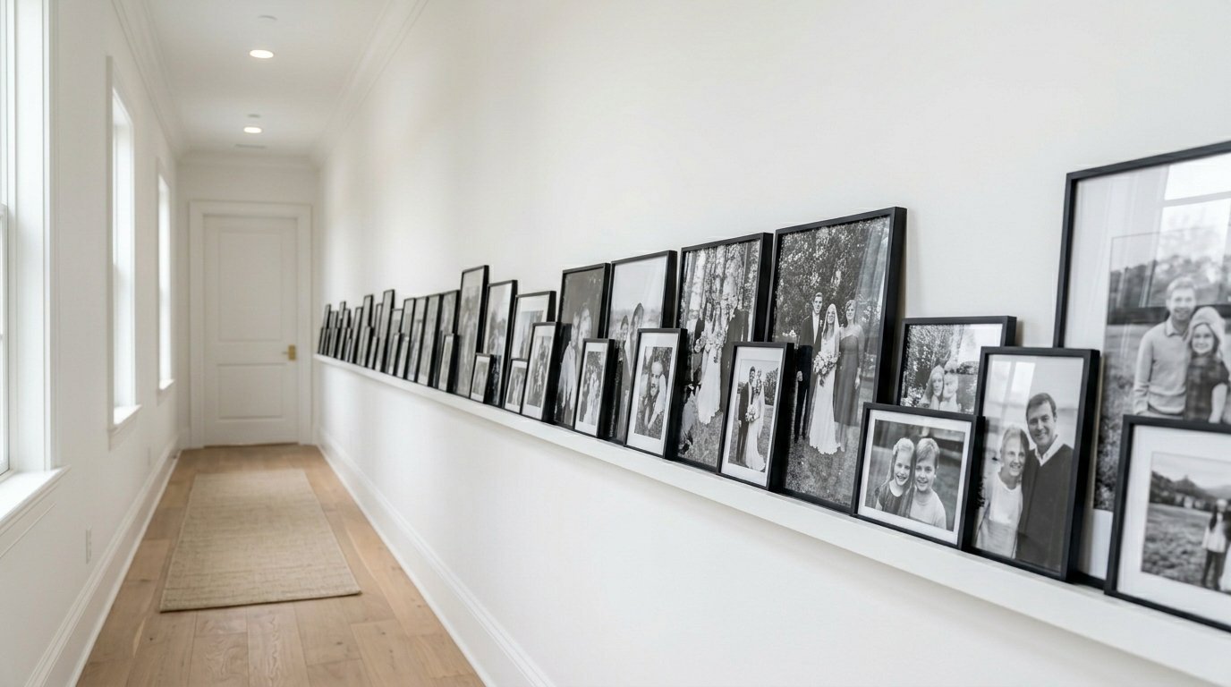 Monochrome family photos arranged in a line on a floating ledge in a bright, modern interior corridor.