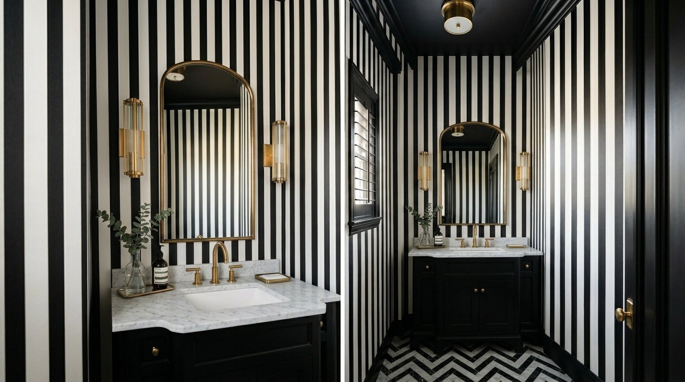 A luxurious bathroom featuring bold vertical striped wallpaper, black cabinets, and marble countertops.