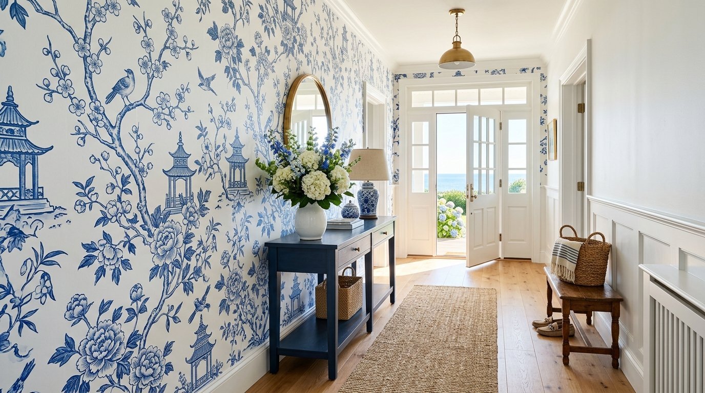A sunlit foyer with blue and white botanical wallpaper, a dark console table, and a view of the ocean through the door.