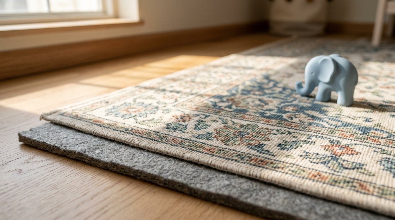 A pastel blue plastic elephant figurine rests on a vintage style patterned rug over a felt pad on wooden flooring.