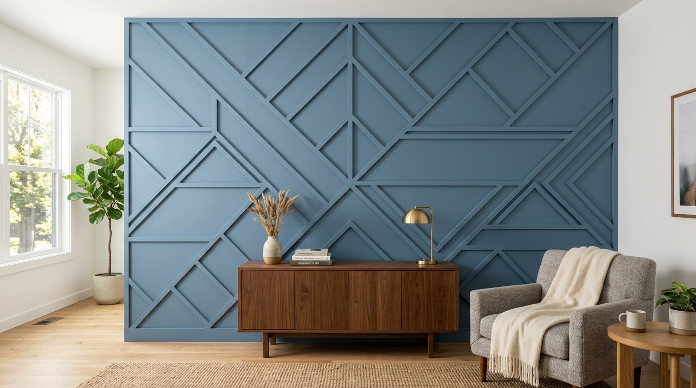 Modern interior wall with blue geometric wood trim, a walnut cabinet, and a cozy grey armchair.