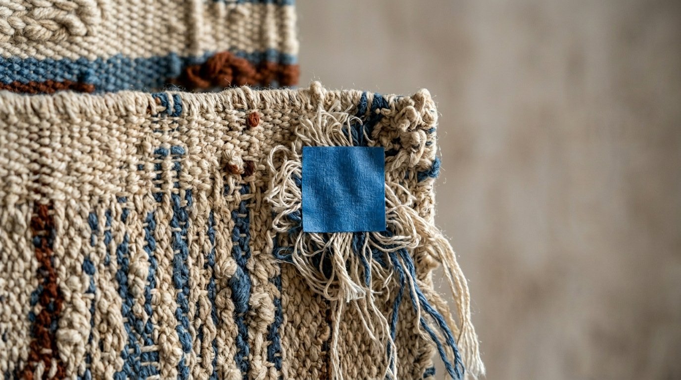 Close-up of a small blue square sticker attached to the fringed edge of a cream and blue woven textile.
