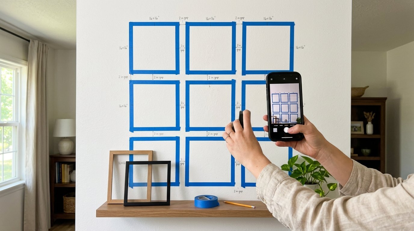 Hands holding a smartphone to capture a nine-square grid pattern created with painter's tape on a white wall.